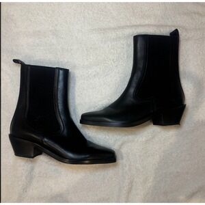 Noclemens Lea Black Leather Square Toe Chelsea Block Heel Ankle Boots 8M